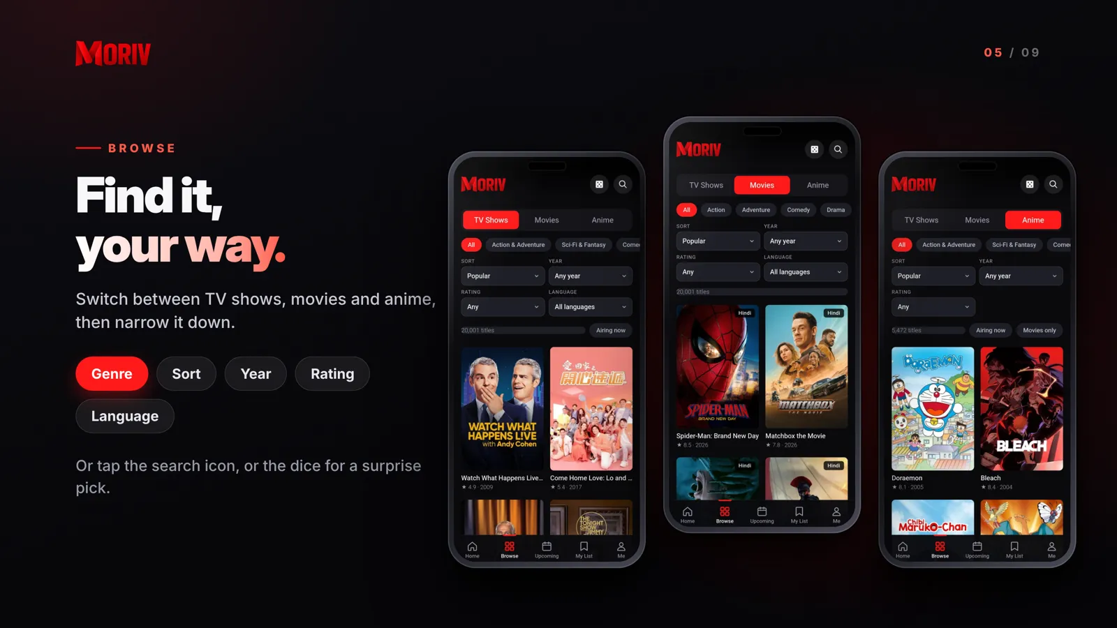 Browse by genre, year, rating, language